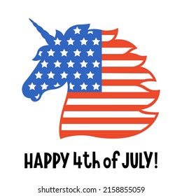 American unicorn head with flag of the USA. Happy 4th of july card. Independence day. Vector animal. Patriotic cute illustration for prints on t-shirts, bags. Isolated on a white background.