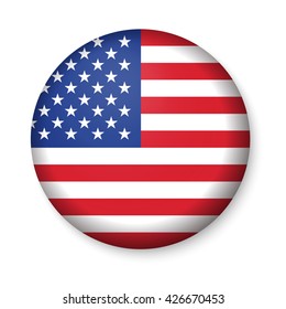 American United States Flag in glossy round button of icon. USA emblem isolated on white background. National concept sign. Independence Day Symbol. 4 July freedom patriotic banner with pride color