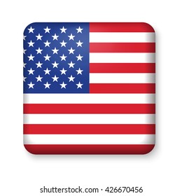 American United States Flag in glossy square button of icon. USA emblem isolated on white background. National concept sign. Independence Day Symbol. 4 July freedom patriotic banner with pride color