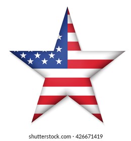 American United States Flag in glossy star button of icon. USA emblem isolated on white background. National concept sign. Independence Day Symbol. 4 July freedom patriotic banner with pride color