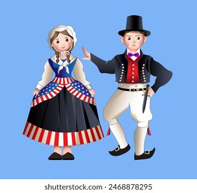 American (United States) national costume. American man and woman on a blue background. Vector illustration