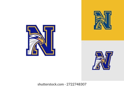 American University Eagle Diseño de logotipo con letra N para deportes y fitness. Aislado sobre fondo blanco.