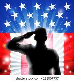 An American US military soldier from the armed forces in silhouette in uniform saluting in front of an American flag background of red white and blue stars and stripes.