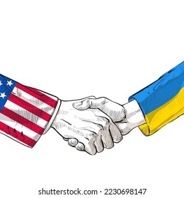 American U.S. and UA Ukraine flags. white-red bicolor and blue-yellow. Partners national political handshake cooperation, support. Two hands shaking each other, holding one another. Country friendship