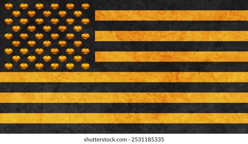 American USA flag in grunge Halloween style abstract background. Black orange vector design