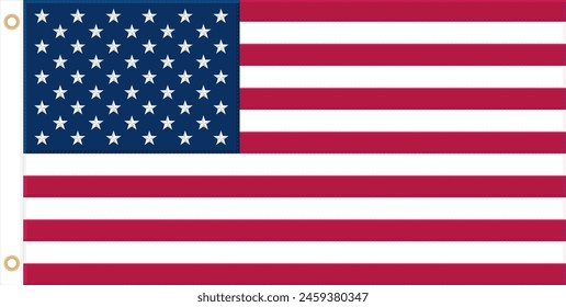 American USA Flag With real proportions and Colors. Embroidered Stars, Sewn Stripes and  Brass Grommets. Vector illustration