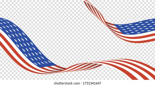 American usa flag set isolated transparent background. Illustration of waving USA flag, long flag icon, EPS10 Vector.