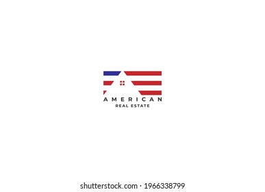 American USA US Flag With House For Real Estate Logo Design Vector