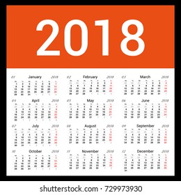 American vector calendar template. Calendar grid for 2018 year. EPS10. Simple design. Ready for print. 