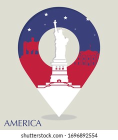 American vector landscape surrounded by location pin. 