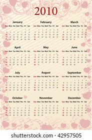 American Vector pink floral calendar with hearts, starting from Sundays