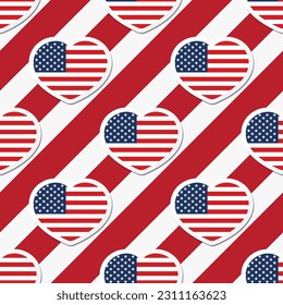 American vector seamless pattern. Hearts with USA flag on striped background. Best for textile, festive decorations, wallpapers, wrapping paper and web design.