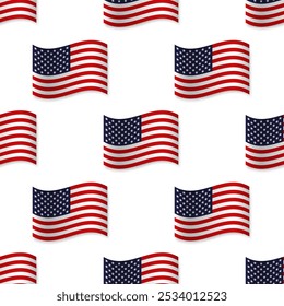 American vector seamless pattern USA realistic wavy flags on white background with shadow underneath