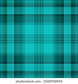 American vector textile seamless, seasonal pattern background tartan. Merry christmas check fabric plaid texture in teal and dark cyan colors palette.