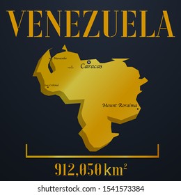 American Venezuela golden 3d solid country outline silhouette, realistic piece of world map template, for infographic, vector illustration, isolated object, background. From countries set