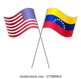 American and Venezuelan crossed flags. United States of America combined with Venezuela isolated on white. Language learning, international business or travel concept.