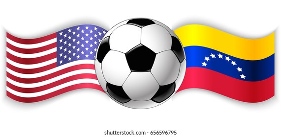 American and Venezuelan wavy flags with football ball. United States of America combined with Venezuela isolated on white. Football match or international sport competition concept.