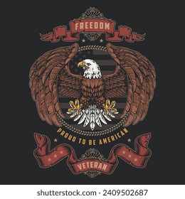American veteran day colorful poster with proud eagle near word freedom and retro ribbons for patriotic souvenir design vector illustration