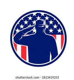 American Veteran Soldier or Military Serviceman Personnel Saluting the USA Stars and Stripes Flag Circle Retro Color