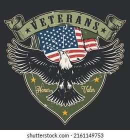 American Veteran Vintage Label Colorful Service In Us Army Eagle In Front Of Flag Symbol Honor And Valor Vector Illustration