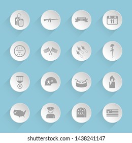 american veterans day gray vector icons on round puffy paper circles with transparent shadows on blue background for web, mobile and user interface design