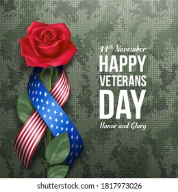 American Veterans day greeting card with  beautiful red rose rolled into ribbon  with colour of the national flag of United States of America.
