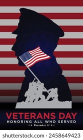 American Veteran's Day Poster Design. Honoring all who served. November 11. General silhouette and Soldier Hand Holding American Flag Vector Illustaration. 