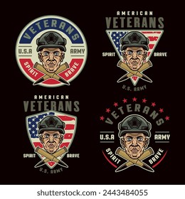 American veterans set of vector emblems with soldier head and two crossed bullets in colored style on dark background