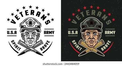 American veterans vector emblem with soldier head and two crossed bullets in two styles black on white and colored