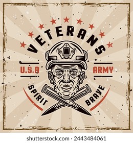 American veterans vector emblem with soldier head and two crossed bullets in vintage style. Illustration on background with removable grunge textures on separate layers