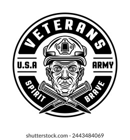 American veterans vector emblem with soldier head and two crossed bullets in monochrome black style isolated on white background