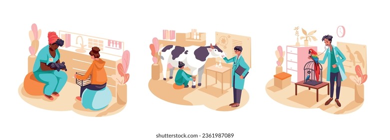 American veterinarian sitting near owner and holding rabbit. Lady bandaging hoof to cow. Man listening heartbeat of parrot. Flat vector illustration in cartoon style