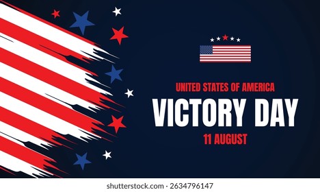American Victory Day celebration banner with waving flag and stars on dark blue background