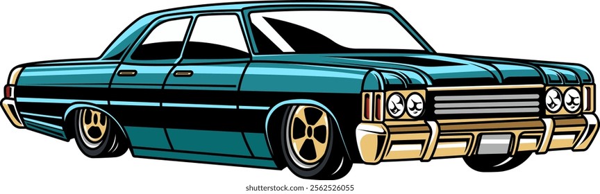 American Vintage Blue Muscle Car Cartoon Illustration