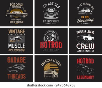 American Vintage Hotrod Classic Cars Vector T-Shirt Design Bundle.