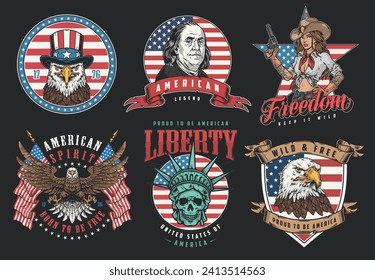American vintage set flyers colorful with eagles and national flags near Franklin or cowboy girl vector illustration