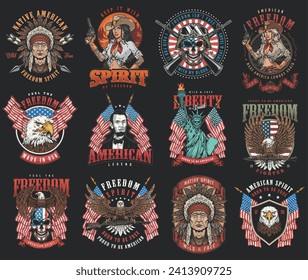 American vintage set posters colorful with patriotic flags and national eagles near native residents and cowgirls vector illustration