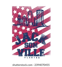 American Vintage varsity college Jacksonville city print with vintage USA Flag, Florida state slogan for graphic tee t shirt or sweatshirt - Vector