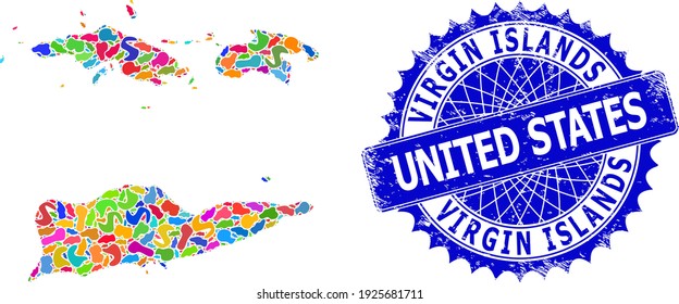 American Virgin Islands map template. Blot mosaic map and distressed watermark for American Virgin Islands. Sharp rosette blue mark with tag and American Virgin Islands map.
