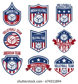 American volleyball team labels. Design elements for logo, emblem, sign, badge. Vector illustration