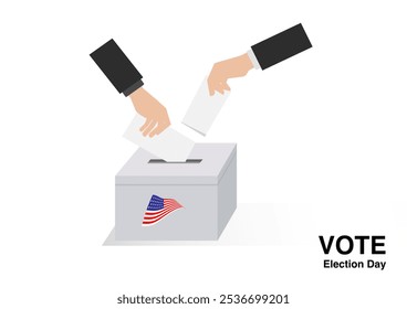 American voter drop ballot in the election box on national flag of the USA background