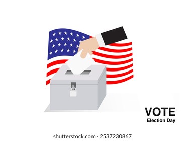 American voter drop ballot in the election box on national flag of the USA background