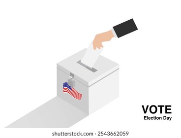 American voter drop ballot in the election box on national flag of the USA background
