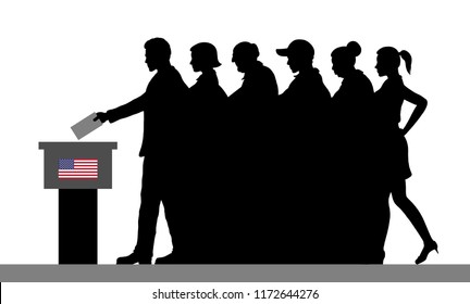 American voters crowd silhouette by voting for election in USA. All the silhouette objects, and background are in different layers. 