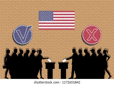 American voters crowd silhouette in election with check marks and USA flag graffiti. All the silhouette objects, icons and background are in different layers. 