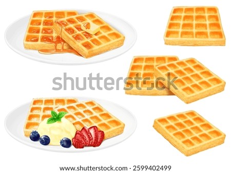 American waffle, maple syrup, powdered sugar, ice cream, fruit