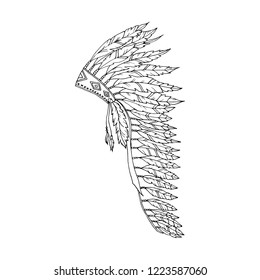 American Warbonnet Outline Drawing. Eagle Feather hat coloring page fashion accessory. Native Indian Headdress. Thanksgiving and Halloween Vector Costume Illustration.