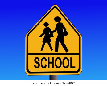 American warning school road sign illustration on blue