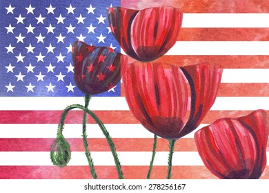 american watercolor flag with bright poppy