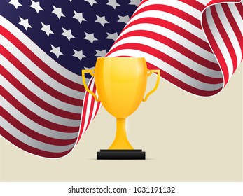 American waving flag behind a golden trophy. Winning concept